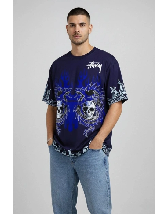 Erkek Oversize Tişört Dragon Kuru Kafa Baskılı Bisiklet Yaka T-Shirt - Lacivert