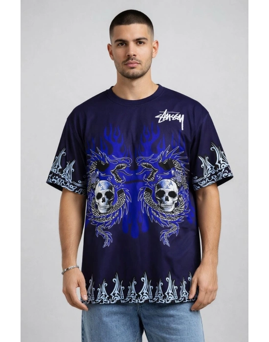 Erkek Oversize Tişört Dragon Kuru Kafa Baskılı Bisiklet Yaka T-Shirt - Lacivert