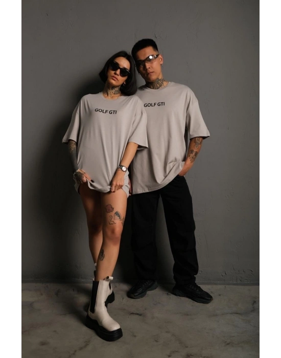 Erkek Oversize Tişört Golf GTI Retro Araba Baskılı T-shirt - Gri