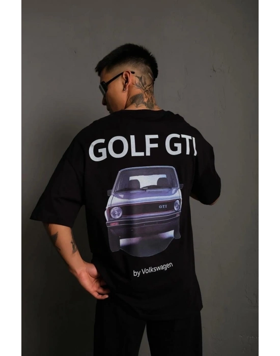 Erkek Oversize Tişört Golf GTI Retro Araba Baskılı T-shirt - Siyah