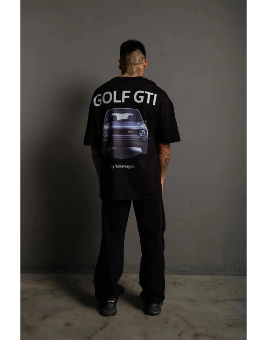 Erkek Oversize Tişört Golf GTI Retro Araba Baskılı T-shirt - Siyah