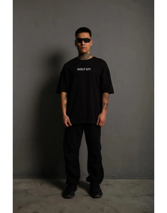 Erkek Oversize Tişört Golf GTI Retro Araba Baskılı T-shirt - Siyah