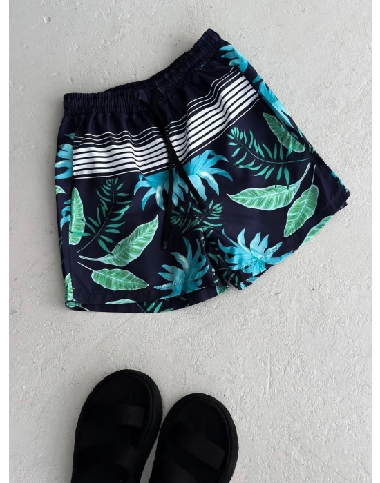 Erkek Palmiye Desenli Deniz Cepli Şort - Mavi