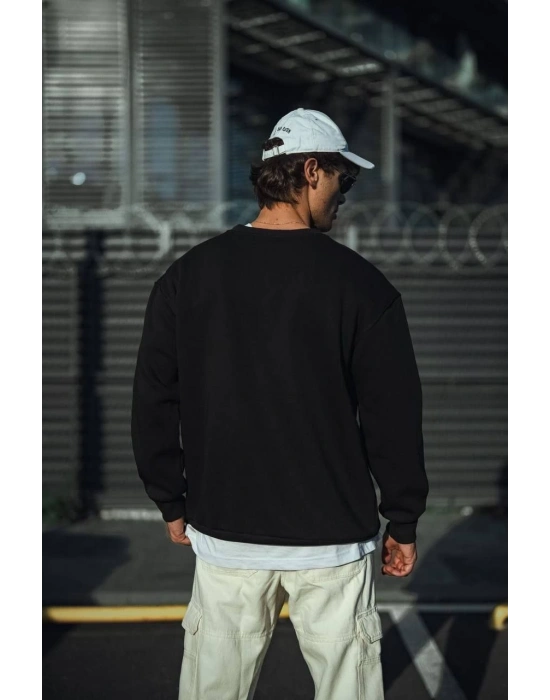 Erkek pamuklu Bisiklet Yaka 3 İplik Basic SweatShirt - Siyah