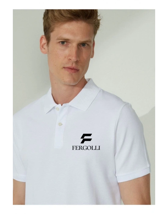 Erkek Pike Polo Yaka Tişört Düğmeli Baskılı T-Shirt - Beyaz