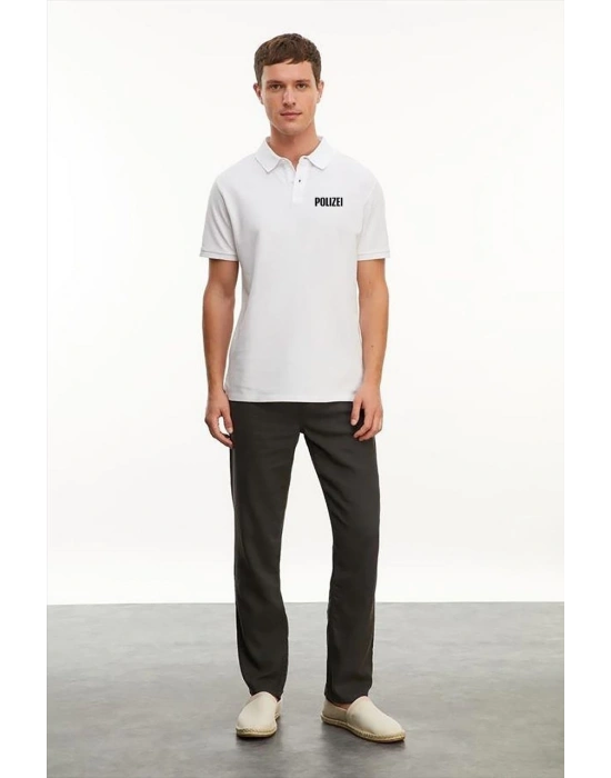 Erkek Polo Yaka Düğmeli Tişört Pike Baskılı T-Shirt - Beyaz