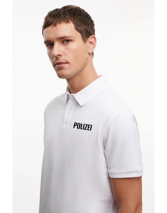 Erkek Polo Yaka Düğmeli Tişört Pike Baskılı T-Shirt - Beyaz