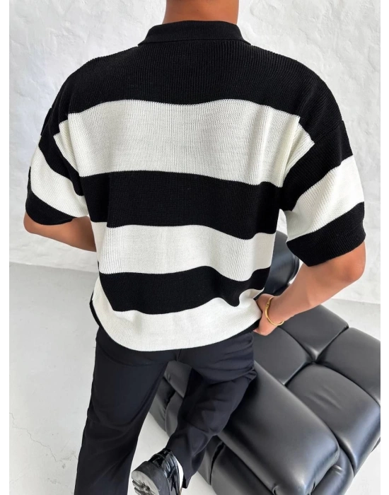 Erkek Polo Yaka Düğmeli Triko T-Shirt - Siyah