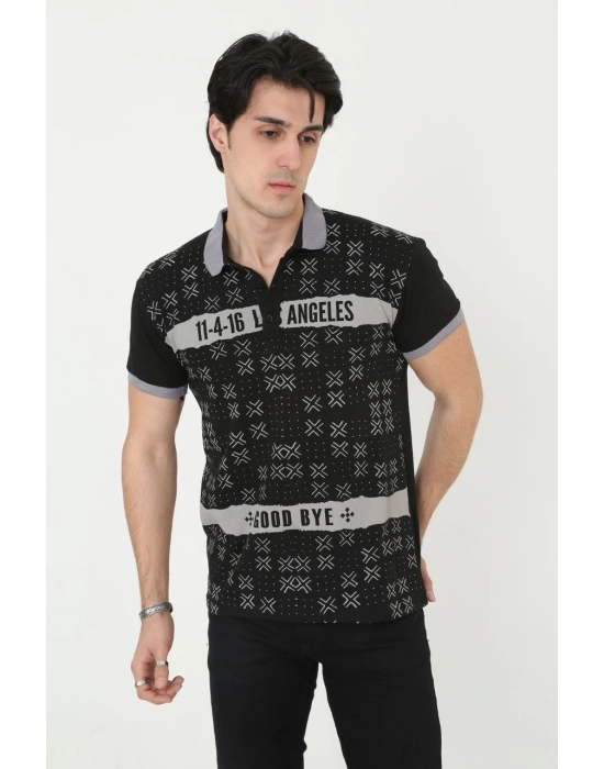 Erkek Polo Yaka tişört Slim Fit Baskılı Kısa kol T-Shirt - Siyah