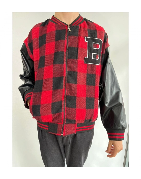 Erkek Pötikare Desen Nakışlı Kolej Ceket - Kırmızı