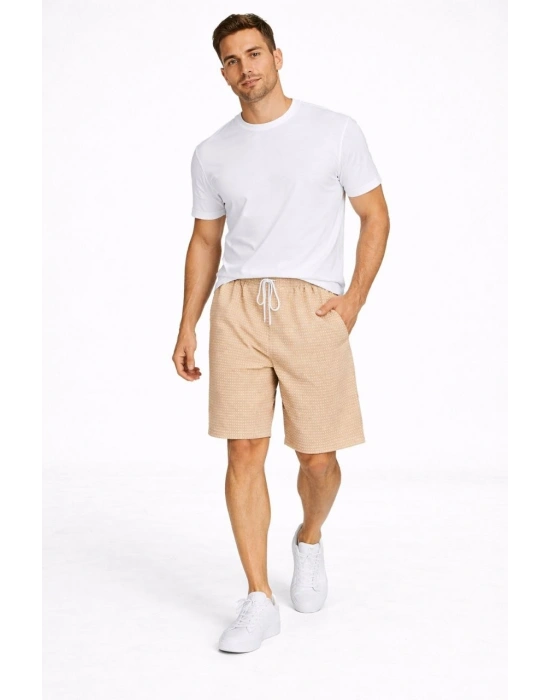 Erkek Pötikareli Şort – Beli Lastikli Bağcıklı, Cepli, Yazlık Şort - Bej