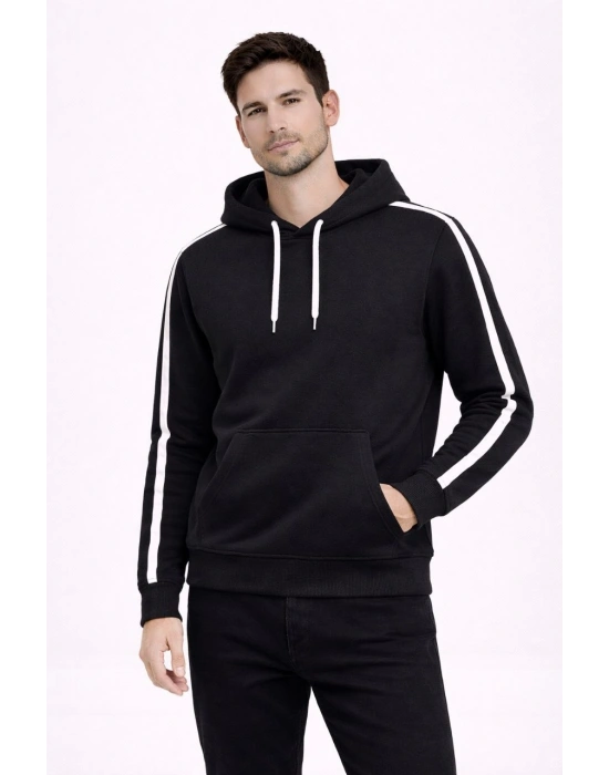 Erkek Şeritli Kapüşonlu Sweatshirt Oversize 3 iplik Pamuklu Hoodei - Siyah