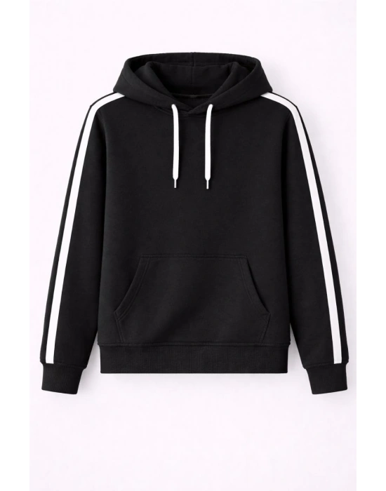 Erkek Şeritli Kapüşonlu Sweatshirt Oversize 3 iplik Pamuklu Hoodei - Siyah
