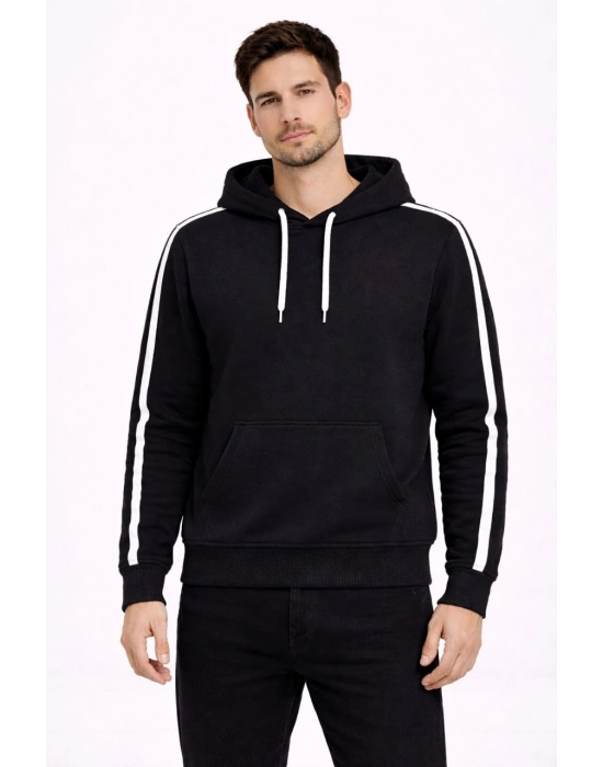 Erkek Şeritli Kapüşonlu Sweatshirt Oversize 3 iplik Pamuklu Hoodei - Siyah
