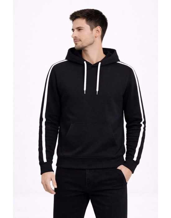 Erkek Şeritli Kapüşonlu Sweatshirt Oversize 3 iplik Pamuklu Hoodei - Siyah