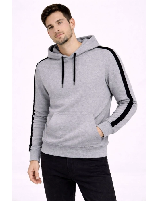 Erkek Şeritli Kapüşonlu Sweatshirt Oversize 3 iplik Pamuklu Hoodie - Gri