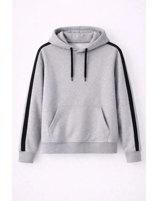 Erkek Şeritli Kapüşonlu Sweatshirt Oversize 3 iplik Pamuklu Hoodie - Gri