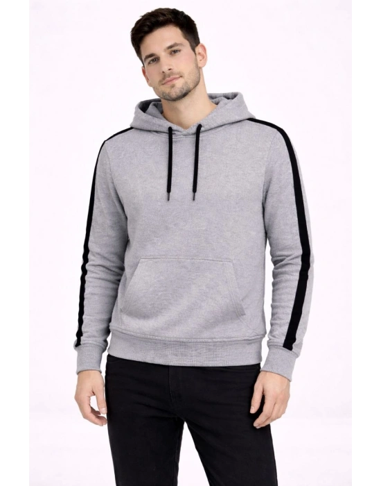 Erkek Şeritli Kapüşonlu Sweatshirt Oversize 3 iplik Pamuklu Hoodie - Gri