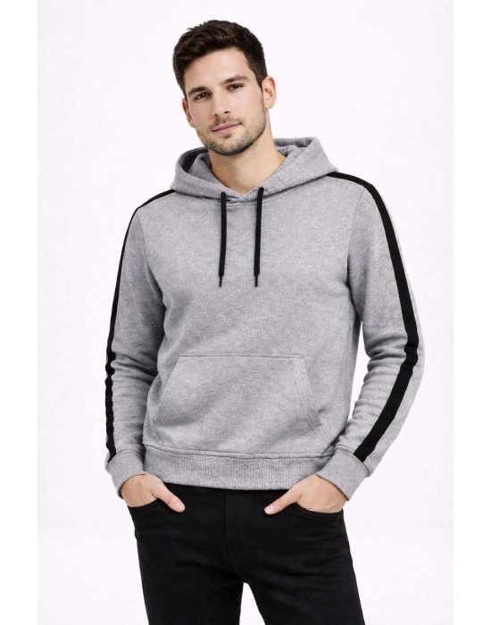 Erkek Şeritli Kapüşonlu Sweatshirt Oversize 3 iplik Pamuklu Hoodie - Gri
