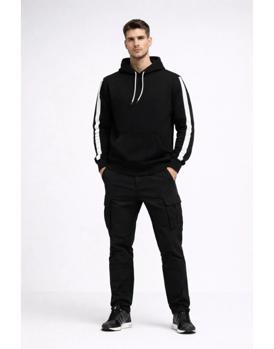 Erkek Şeritli Kapüşonlu Sweatshirt Oversize 3 iplik Pamuklu Hoodie - Siyah
