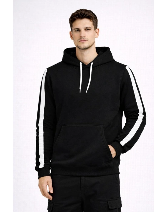 Erkek Şeritli Kapüşonlu Sweatshirt Oversize 3 iplik Pamuklu Hoodie - Siyah