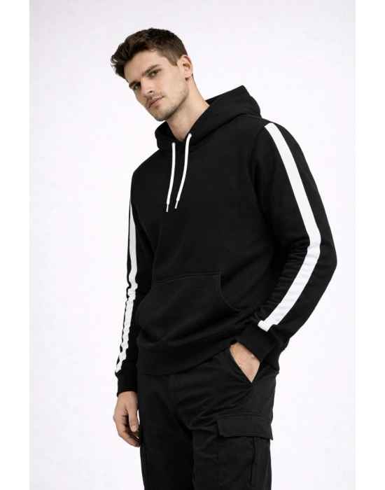 Erkek Şeritli Kapüşonlu Sweatshirt Oversize 3 iplik Pamuklu Hoodie - Siyah