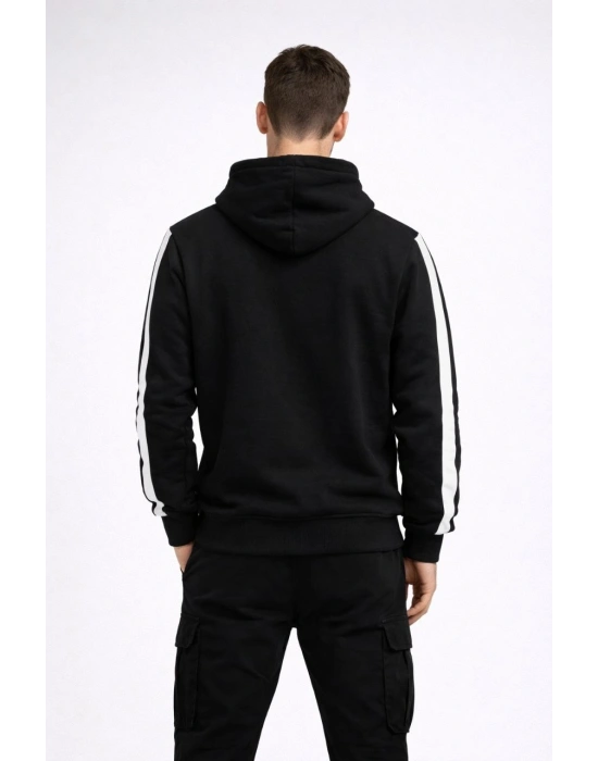 Erkek Şeritli Kapüşonlu Sweatshirt Oversize 3 iplik Pamuklu Hoodie - Siyah