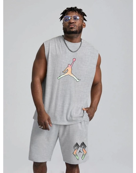 Erkek Sırt Baskılı Sıfır Kol İkili Şort Alt-Üst Takım - Gri