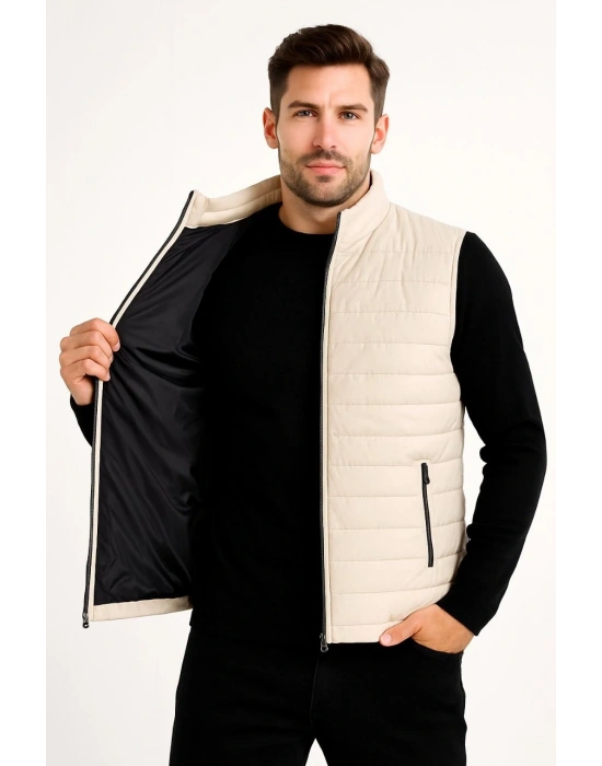 Erkek Şişme Fermuarlı Su İtici Kapitone Astarlı, Cepli Yelek - Bej