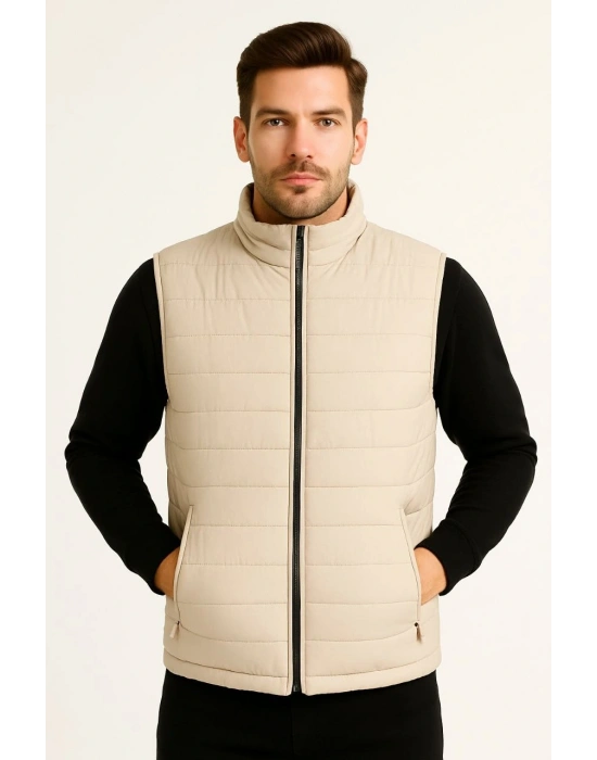 Erkek Şişme Fermuarlı Su İtici Kapitone Astarlı, Cepli Yelek - Bej