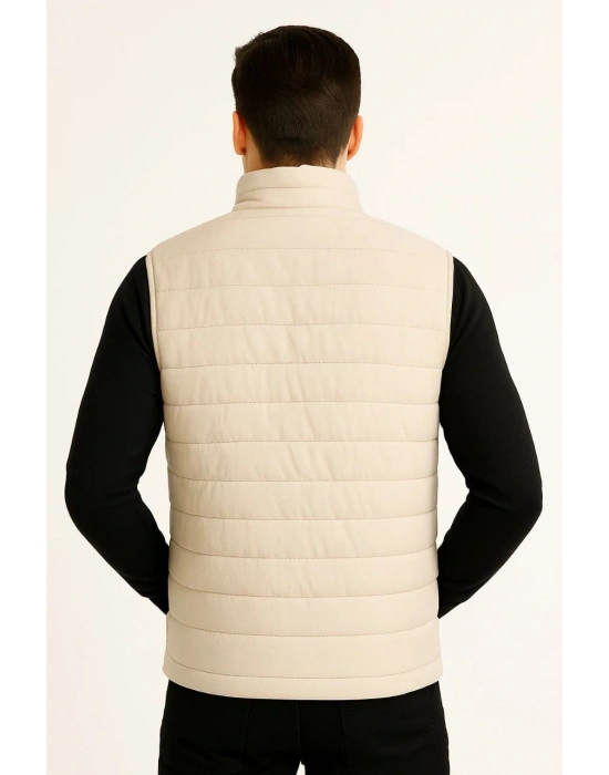 Erkek Şişme Fermuarlı Su İtici Kapitone Astarlı, Cepli Yelek - Bej