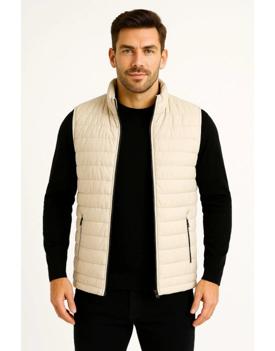 Erkek Şişme Fermuarlı Su İtici Kapitone Astarlı, Cepli Yelek - Bej