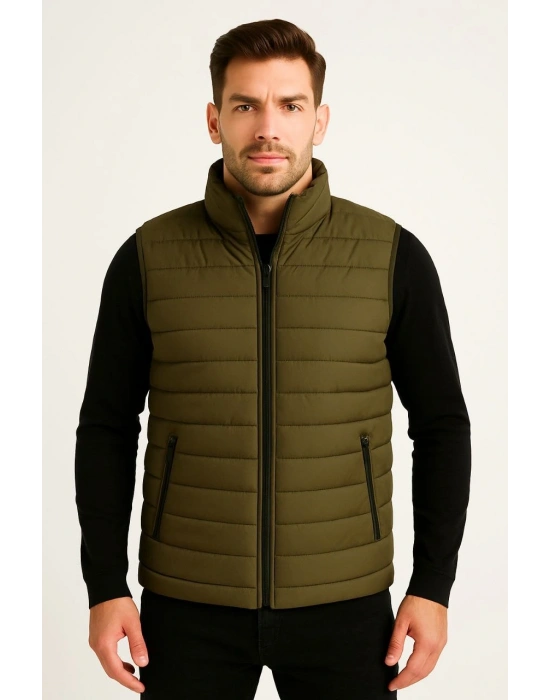 Erkek Şişme Fermuarlı Su İtici Kapitone Astarlı, Cepli Yelek - Haki