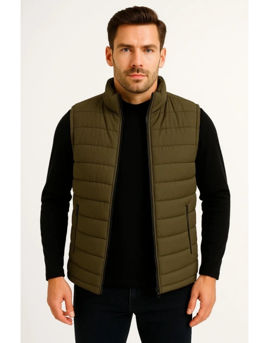 Erkek Şişme Fermuarlı Su İtici Kapitone Astarlı, Cepli Yelek - Haki