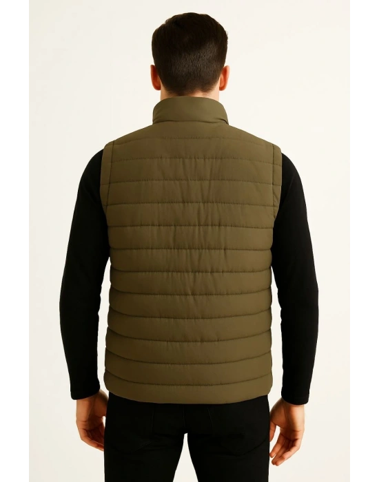 Erkek Şişme Fermuarlı Su İtici Kapitone Astarlı, Cepli Yelek - Haki