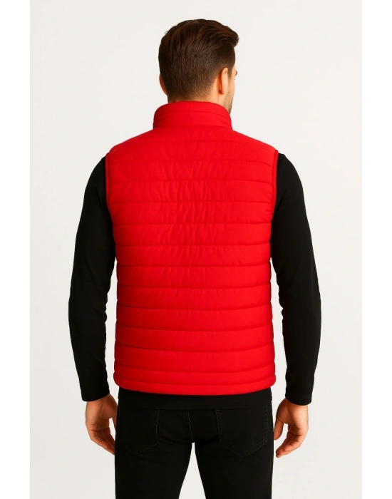 Erkek Şişme Fermuarlı Su İtici Kapitone Astarlı, Cepli Yelek - Kırmızı