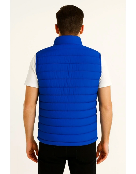 Erkek Şişme Fermuarlı Su İtici Kapitone Astarlı, Cepli Yelek - Saks Mavisi