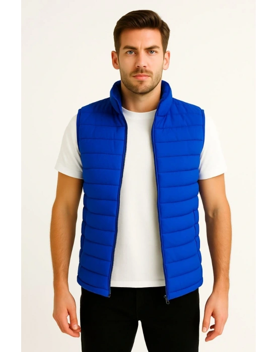 Erkek Şişme Fermuarlı Su İtici Kapitone Astarlı, Cepli Yelek - Saks Mavisi