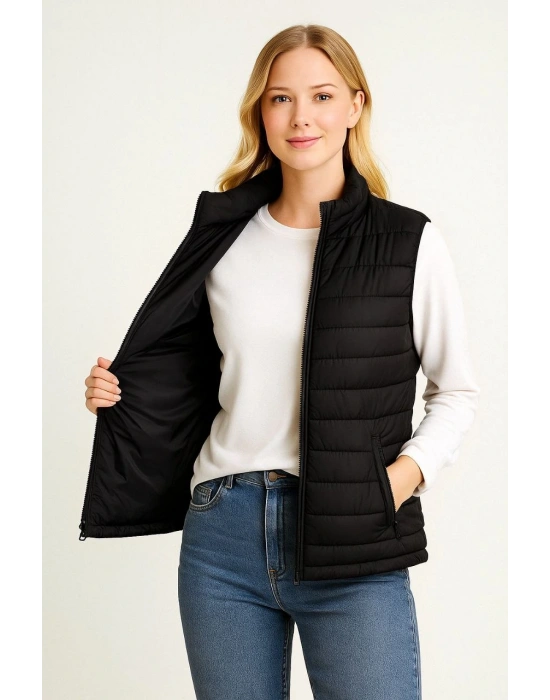 Erkek Şişme Fermuarlı Su İtici Kapitone Astarlı, Cepli Yelek - Siyah