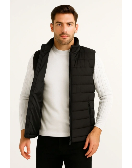 Erkek Şişme Fermuarlı Su İtici Kapitone Astarlı, Cepli Yelek - Siyah