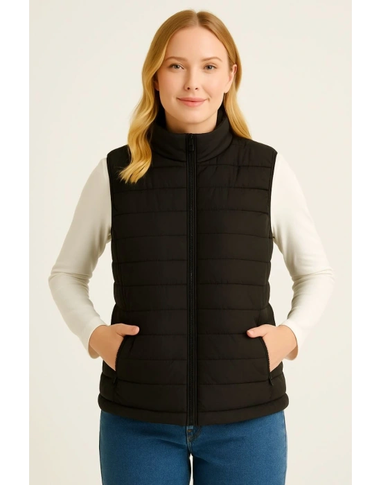 Erkek Şişme Fermuarlı Su İtici Kapitone Astarlı, Cepli Yelek - Siyah