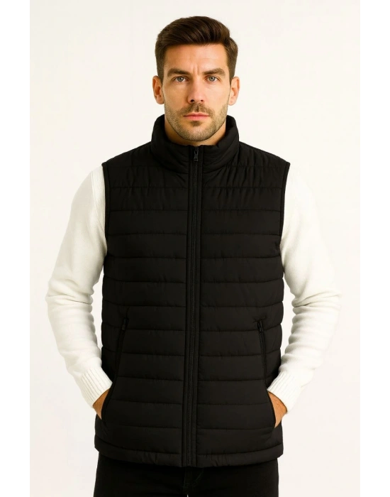 Erkek Şişme Fermuarlı Su İtici Kapitone Astarlı, Cepli Yelek - Siyah