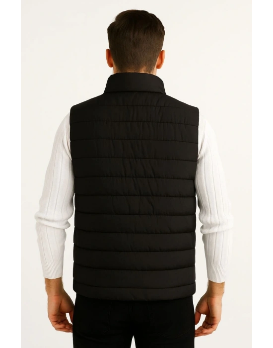 Erkek Şişme Fermuarlı Su İtici Kapitone Astarlı, Cepli Yelek - Siyah