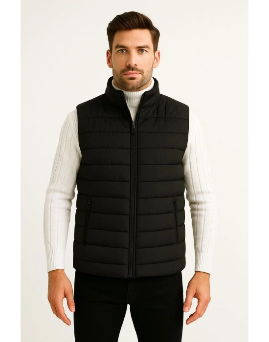 Erkek Şişme Fermuarlı Su İtici Kapitone Astarlı, Cepli Yelek - Siyah