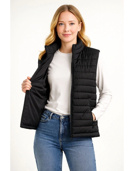 Erkek Şişme Fermuarlı Su İtici Kapitone Astarlı, Cepli Yelek - Siyah