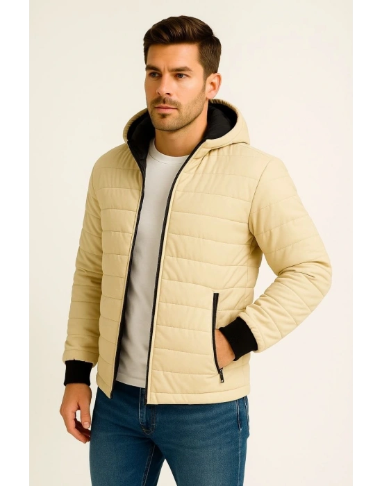 ERKEK Şişme Kapüşonlu Fermuarlı Mont Su İtici Kapitone Cepli Ceket - Bej