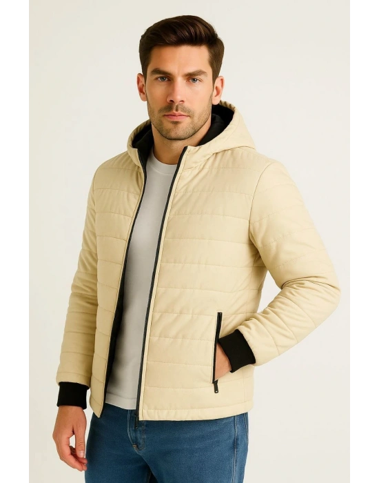 ERKEK Şişme Kapüşonlu Fermuarlı Mont Su İtici Kapitone Cepli Ceket - Bej