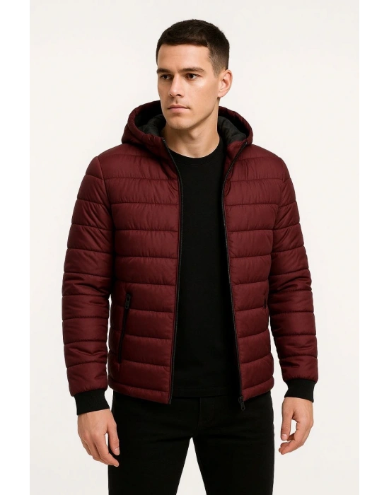 ERKEK Şişme Kapüşonlu Fermuarlı Mont Su İtici Kapitone Cepli Ceket - Bordo