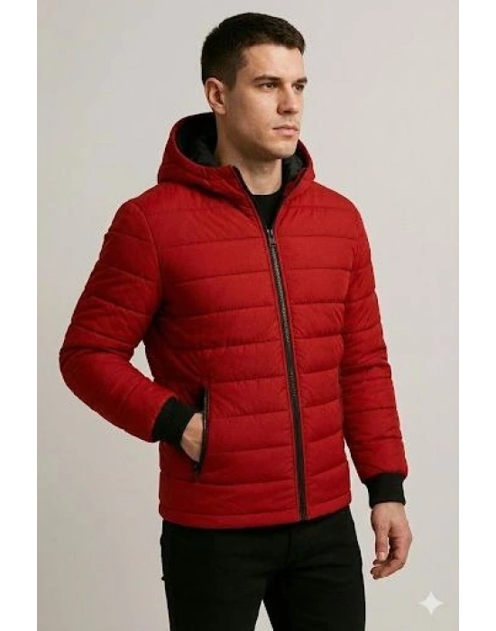 ERKEK Şişme Kapüşonlu Fermuarlı Mont Su İtici Kapitone Cepli Ceket - Kırmızı