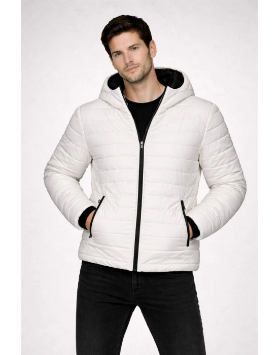 ERKEK Şişme Kapüşonlu Fermuarlı Mont Su İtici Kapitone Cepli Ceket - Krem